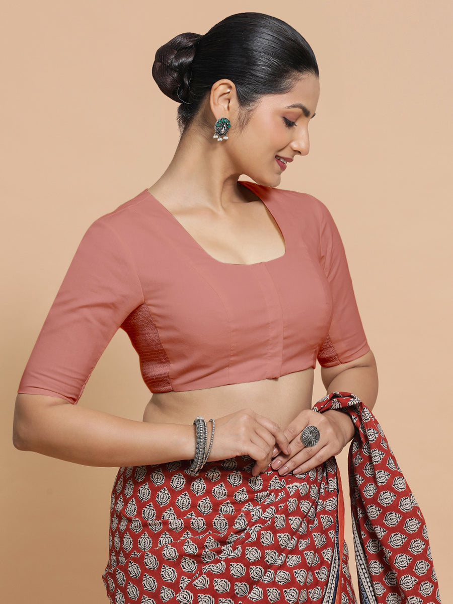 Koel x Rozaana Saree Blouse, in Peach Cotton, featuring elbow sleeves and round neckline, made for daily & work (view 7).