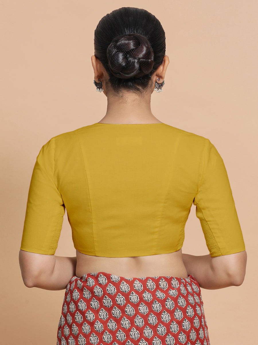 Koel x Rozaana Saree Blouse, in Yellow Cotton, featuring elbow sleeves and round neckline, made for daily & work (view 2).