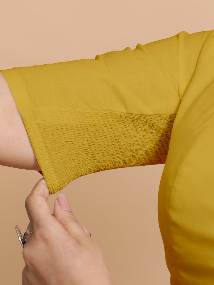 Koel x Rozaana Saree Blouse, in Yellow Cotton, featuring elbow sleeves and round neckline, made for daily & work (view 4).