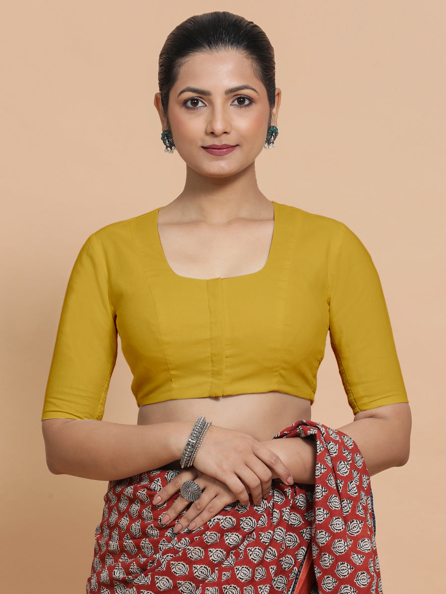 Koel x Rozaana Saree Blouse, in Yellow Cotton, featuring elbow sleeves and round neckline, made for daily & work (view 6).