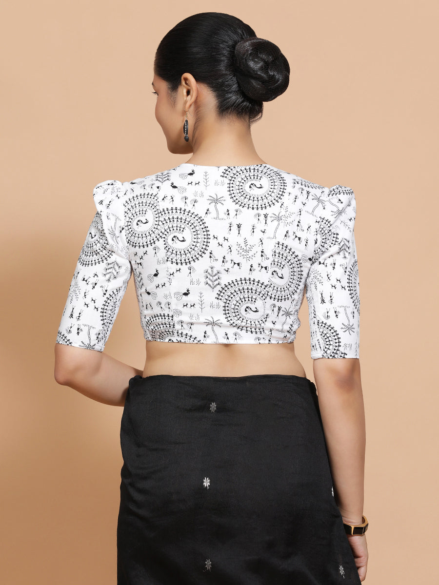 Komal x Rozaana Saree Blouse, in White Cotton, featuring elbow sleeves and v-neckline, made for daily & work (view 2).