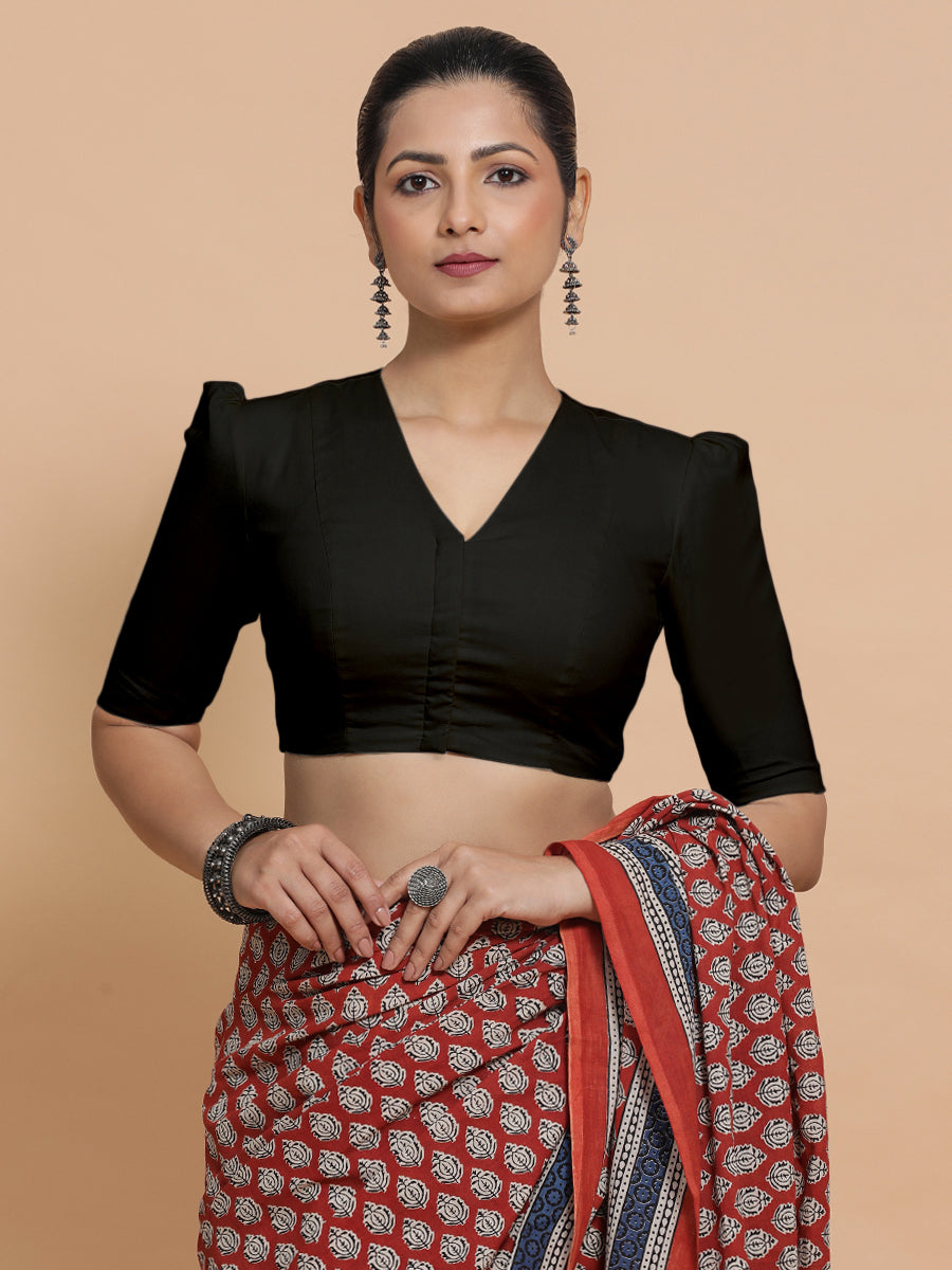 Kriti x Rozaana Saree Blouse, in Black Cotton, featuring elbow sleeves and v-neckline, made for daily & work (view 6).