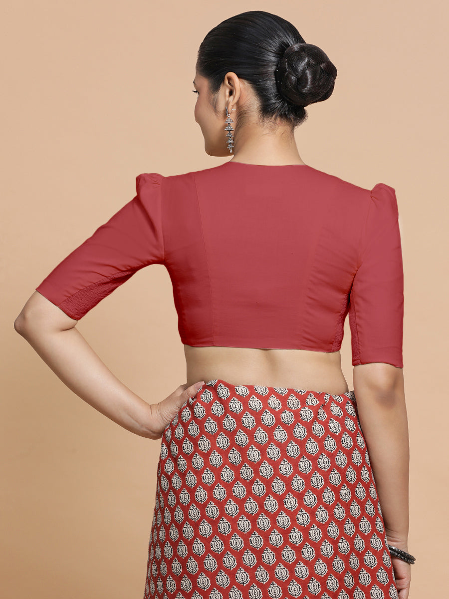 Kriti x Rozaana Saree Blouse, in Red 100% Cotton - Solid, featuring elbow sleeves and v-neckline, made for daily & work.