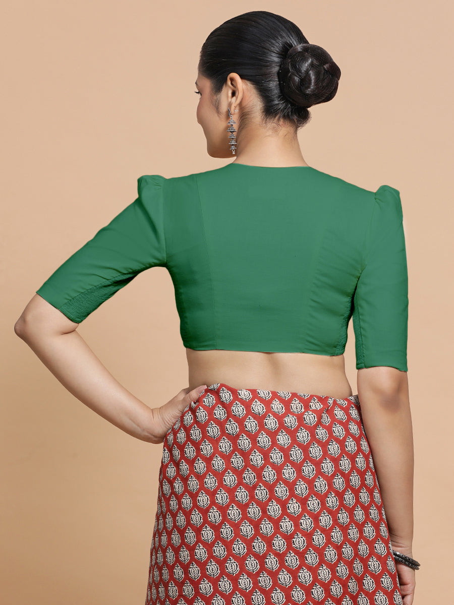 Kriti x Rozaana Saree Blouse, in Green 100% Cotton - Solid, featuring elbow sleeves and v-neckline, made for daily & work.