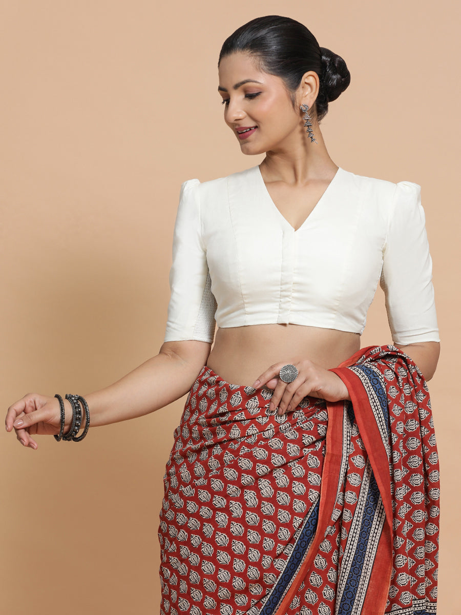 Kriti x Rozaana Saree Blouse, in Cream Cotton, featuring elbow sleeves and v-neckline, made for daily & work (view 7).