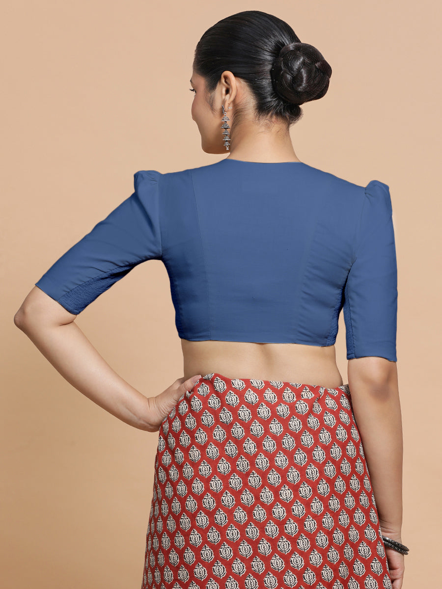 Kriti x Rozaana Saree Blouse, in Blue 100% Cotton - Solid, featuring elbow sleeves and v-neckline, made for daily & work.