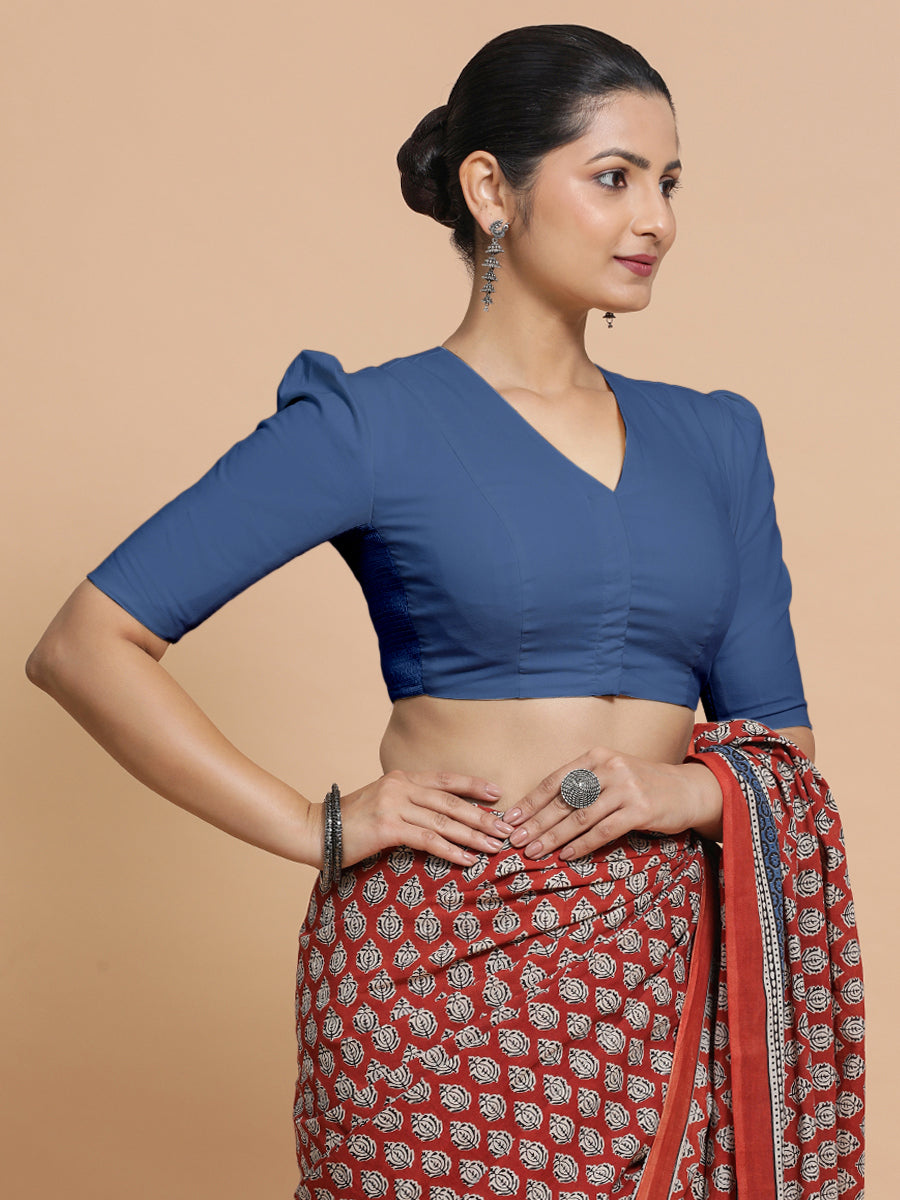 Kriti x Rozaana Saree Blouse, in Blue 100% Cotton - Solid, featuring elbow sleeves and v-neckline, made for daily & work.