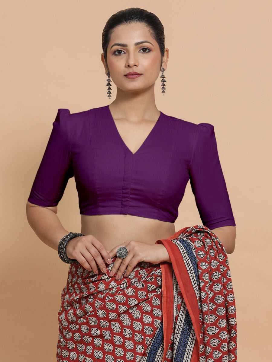 Kriti x Rozaana Saree Blouse, in Pink Cotton, featuring elbow sleeves and v-neckline, made for daily & work (view 6).
