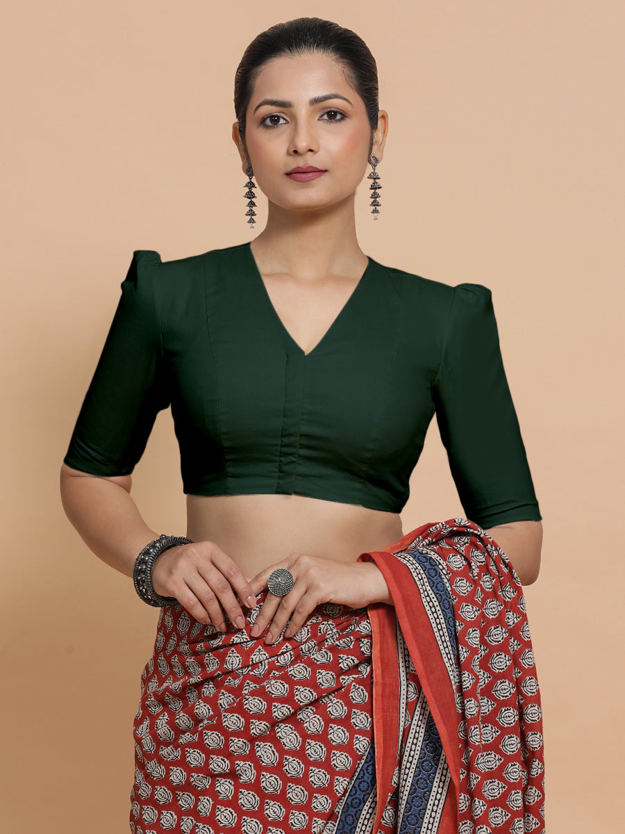 Kriti x Rozaana Saree Blouse, in Green Cotton, featuring elbow sleeves and v-neckline, made for daily & work (view 6).