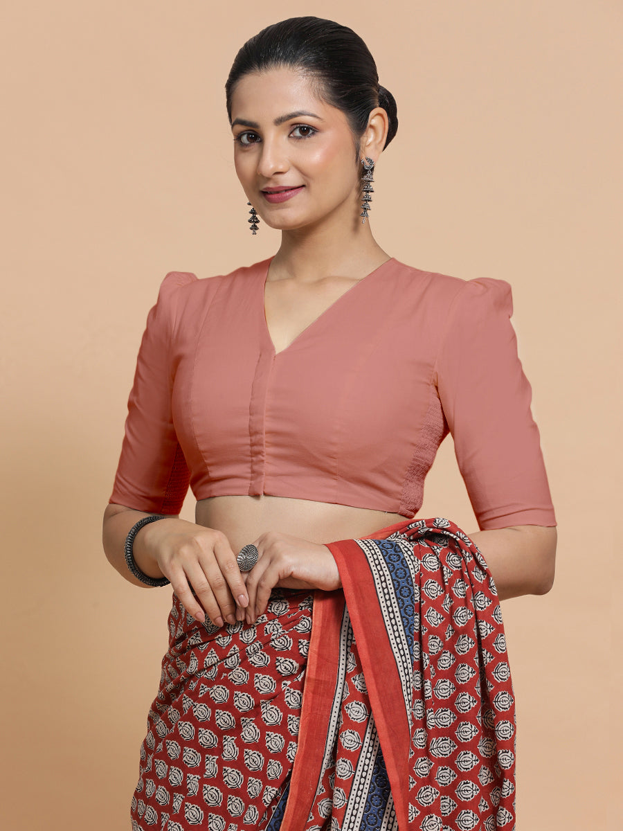 Kriti x Rozaana Saree Blouse, in Peach Cotton, featuring elbow sleeves and v-neckline, made for daily & work (view 7).