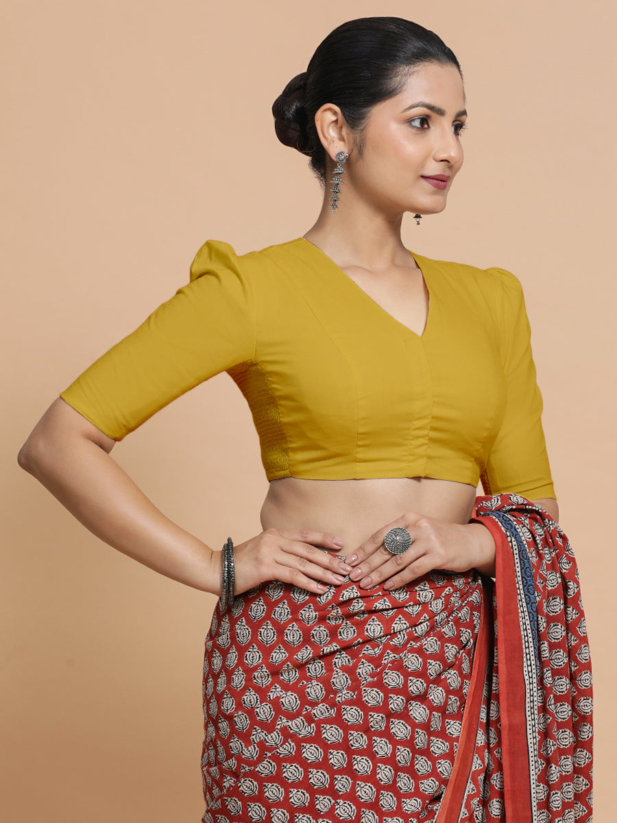 Kriti x Rozaana Saree Blouse, in Yellow Cotton, featuring elbow sleeves and v-neckline, made for daily & work (view 7).
