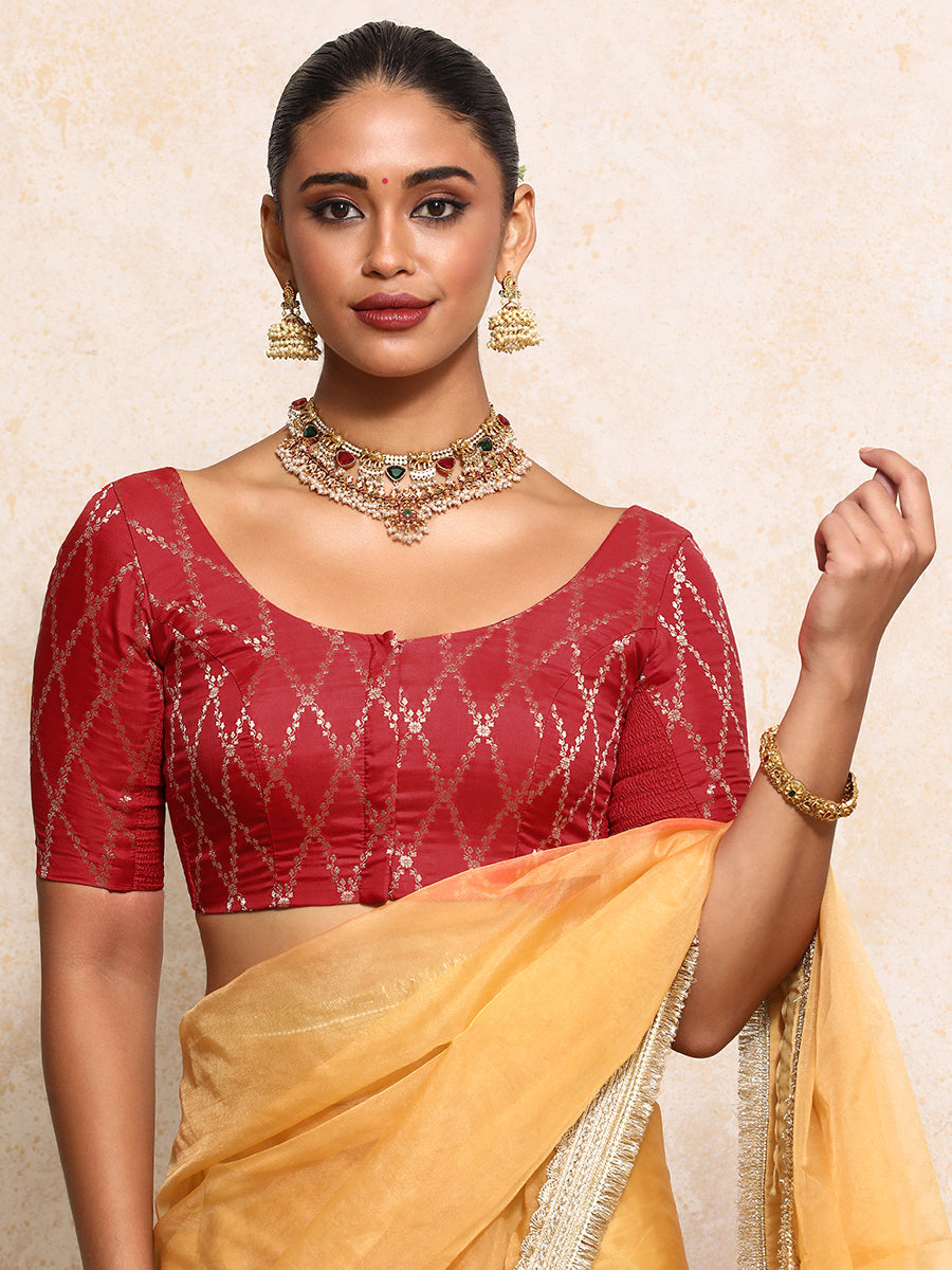 Kumkum x Tyohaar Saree Blouse, in Red Viscose Silk Brocade, featuring elbow sleeves and round neckline (view 5).
