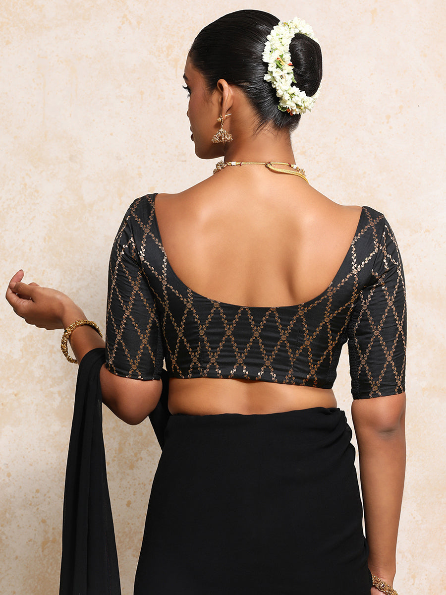 Kumkum x Tyohaar Saree Blouse, in Black Viscose Silk Brocade, featuring elbow sleeves and round neckline (view 2).