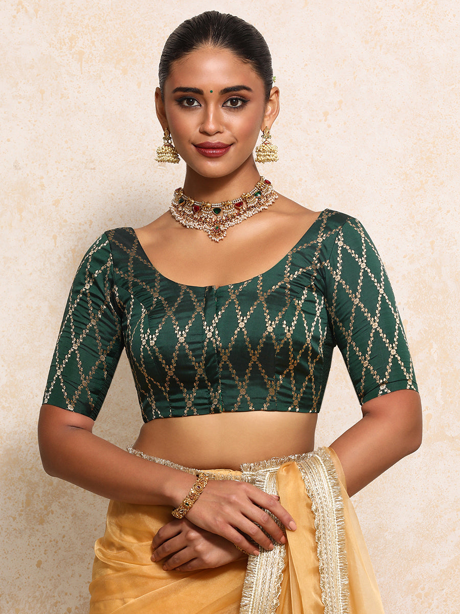 Kumkum x Tyohaar Saree Blouse, in Green Viscose Silk Brocade, featuring elbow sleeves and round neckline (view 6).