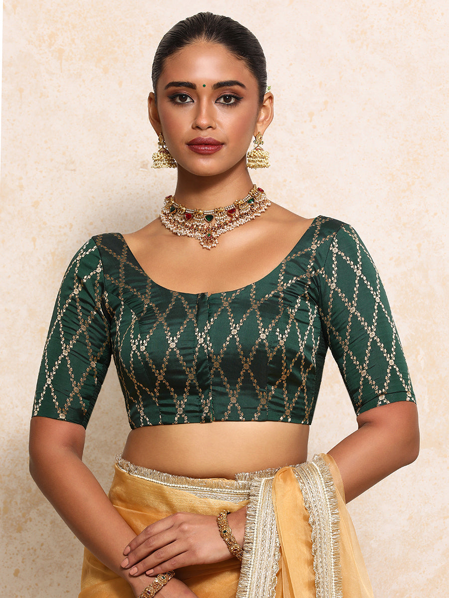 Kumkum x Tyohaar Saree Blouse, in Green Viscose Silk Brocade, featuring elbow sleeves and round neckline (view 7).