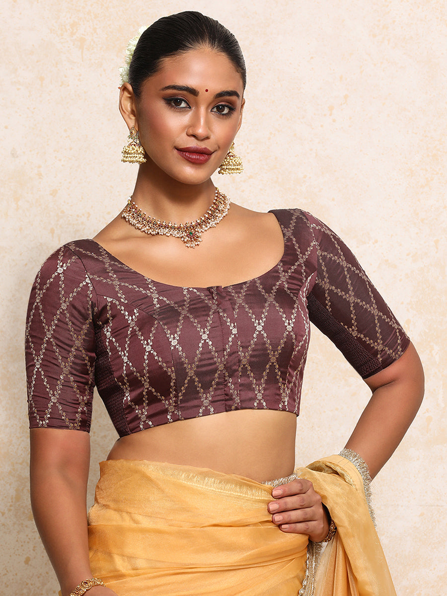 Kumkum x Tyohaar Saree Blouse, in Maroon Viscose Silk Brocade, featuring elbow sleeves and round neckline (view 5).