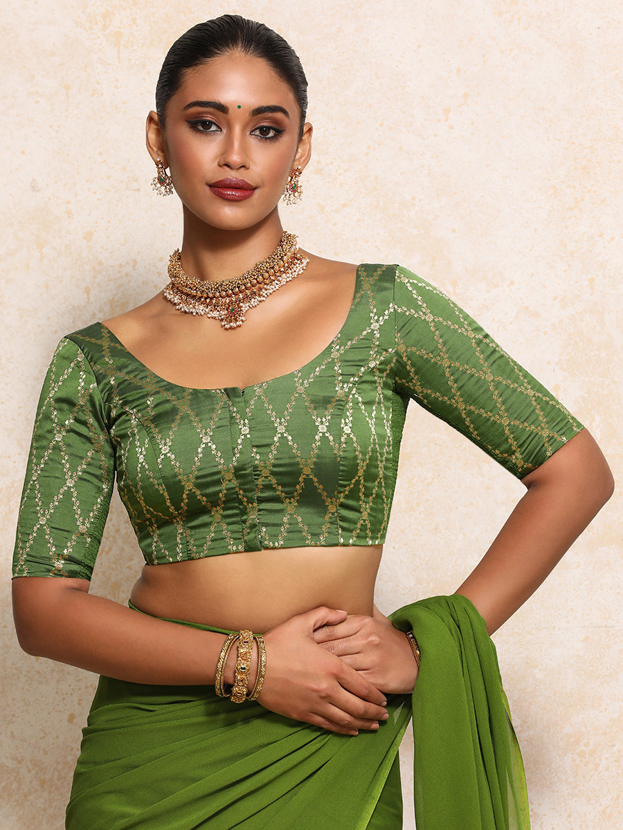 Kumkum x Tyohaar Saree Blouse, in Green Viscose Silk Brocade, featuring elbow sleeves and round neckline (view 5).