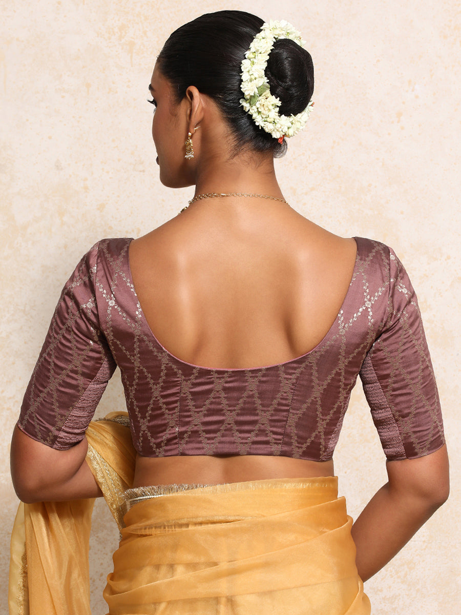 Kumkum x Tyohaar Saree Blouse, in Pink Viscose Silk Brocade, featuring elbow sleeves and round neckline (view 2).