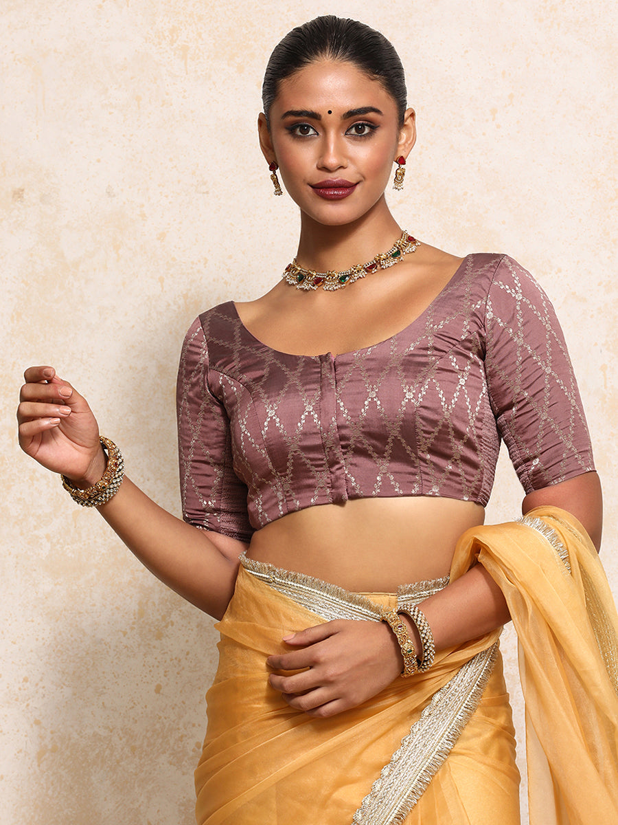 Kumkum x Tyohaar Saree Blouse, in Pink Viscose Silk Brocade, featuring elbow sleeves and round neckline (view 6).