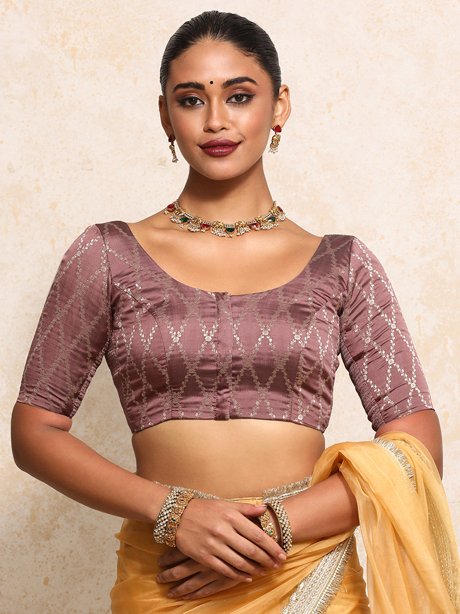 Kumkum x Tyohaar Saree Blouse, in Pink Viscose Silk Brocade, featuring elbow sleeves and round neckline (view 7).