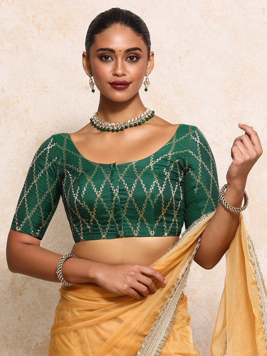 Kumkum x Tyohaar Saree Blouse, in Green Viscose Silk Brocade, featuring elbow sleeves and round neckline (view 5).