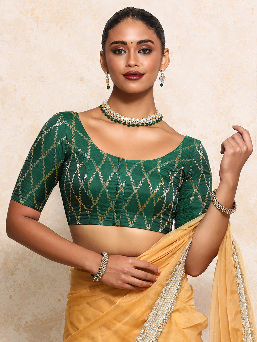 Kumkum x Tyohaar Saree Blouse, in Green Viscose Silk Brocade, featuring elbow sleeves and round neckline (view 6).