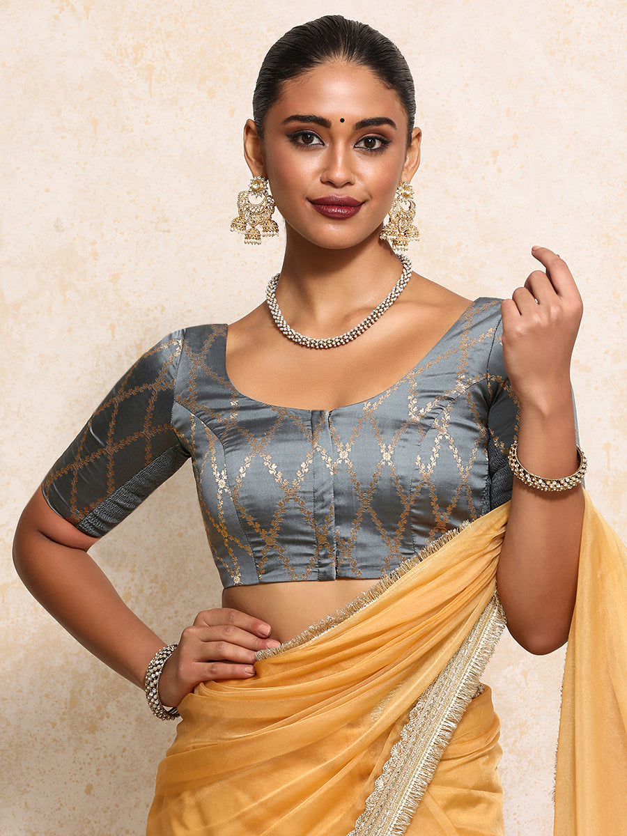 Kumkum x Tyohaar Saree Blouse, in Grey Viscose Silk Brocade, featuring elbow sleeves and round neckline (view 6).