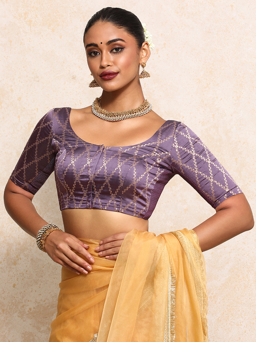 Kumkum x Tyohaar | Elbow Sleeves Saree Blouse in Moonlit Lavender Vine Mesh Brocade