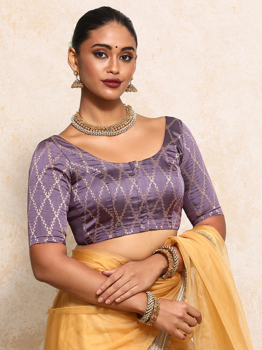 Kumkum x Tyohaar Saree Blouse, in Purple Viscose Silk Brocade, featuring elbow sleeves and round neckline (view 6).