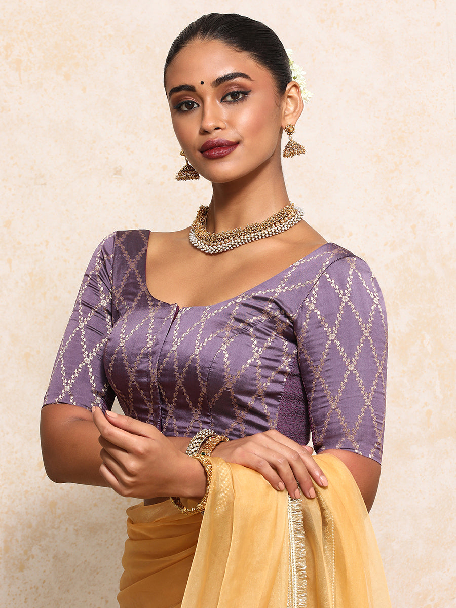 Kumkum x Tyohaar Saree Blouse, in Purple Viscose Silk Brocade, featuring elbow sleeves and round neckline (view 7).