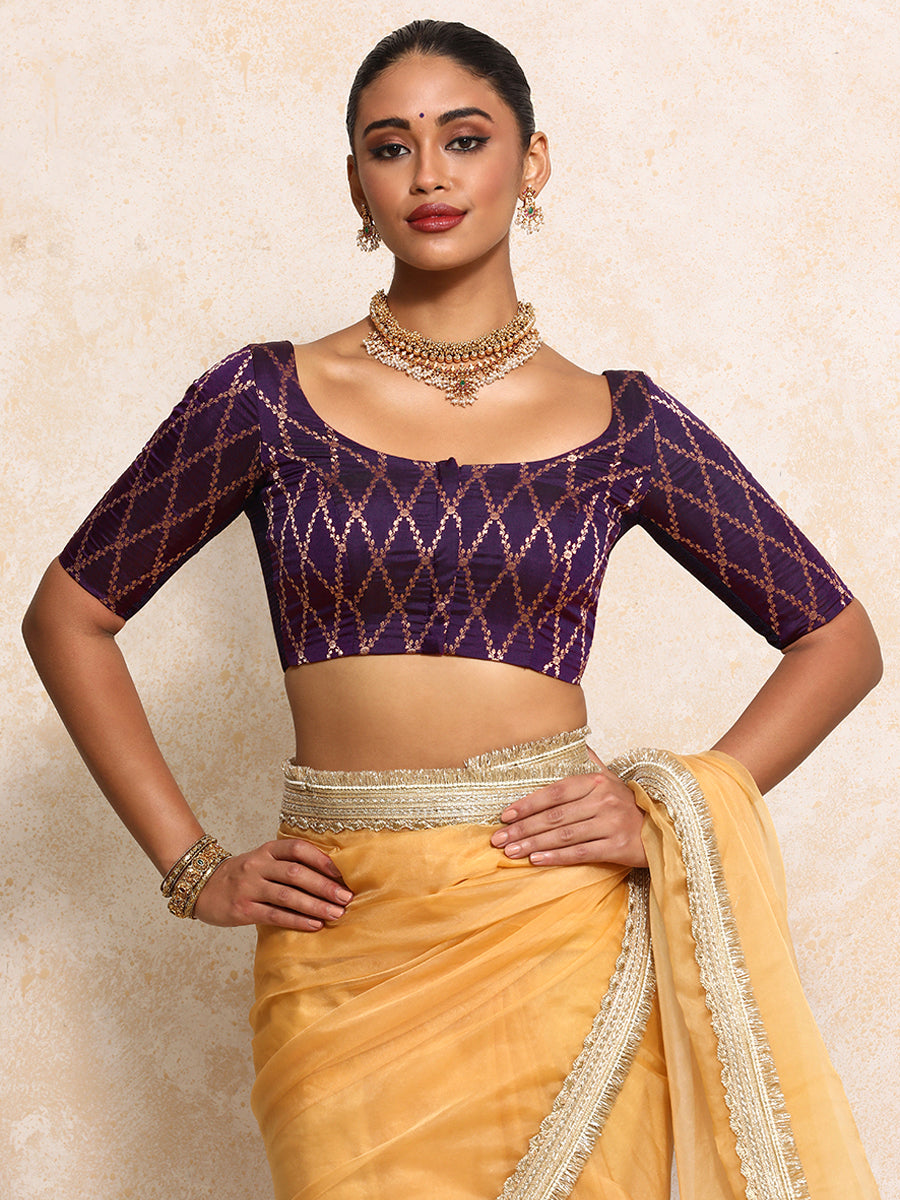 Kumkum x Tyohaar Saree Blouse, in Purple Viscose Silk Brocade, featuring elbow sleeves and round neckline (view 6).