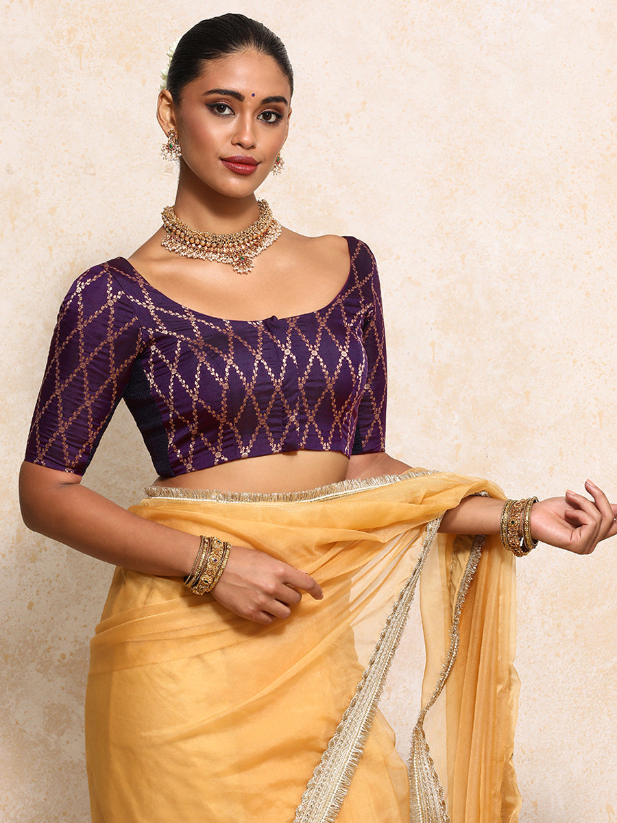 Kumkum x Tyohaar Saree Blouse, in Purple Viscose Silk Brocade, featuring elbow sleeves and round neckline (view 7).