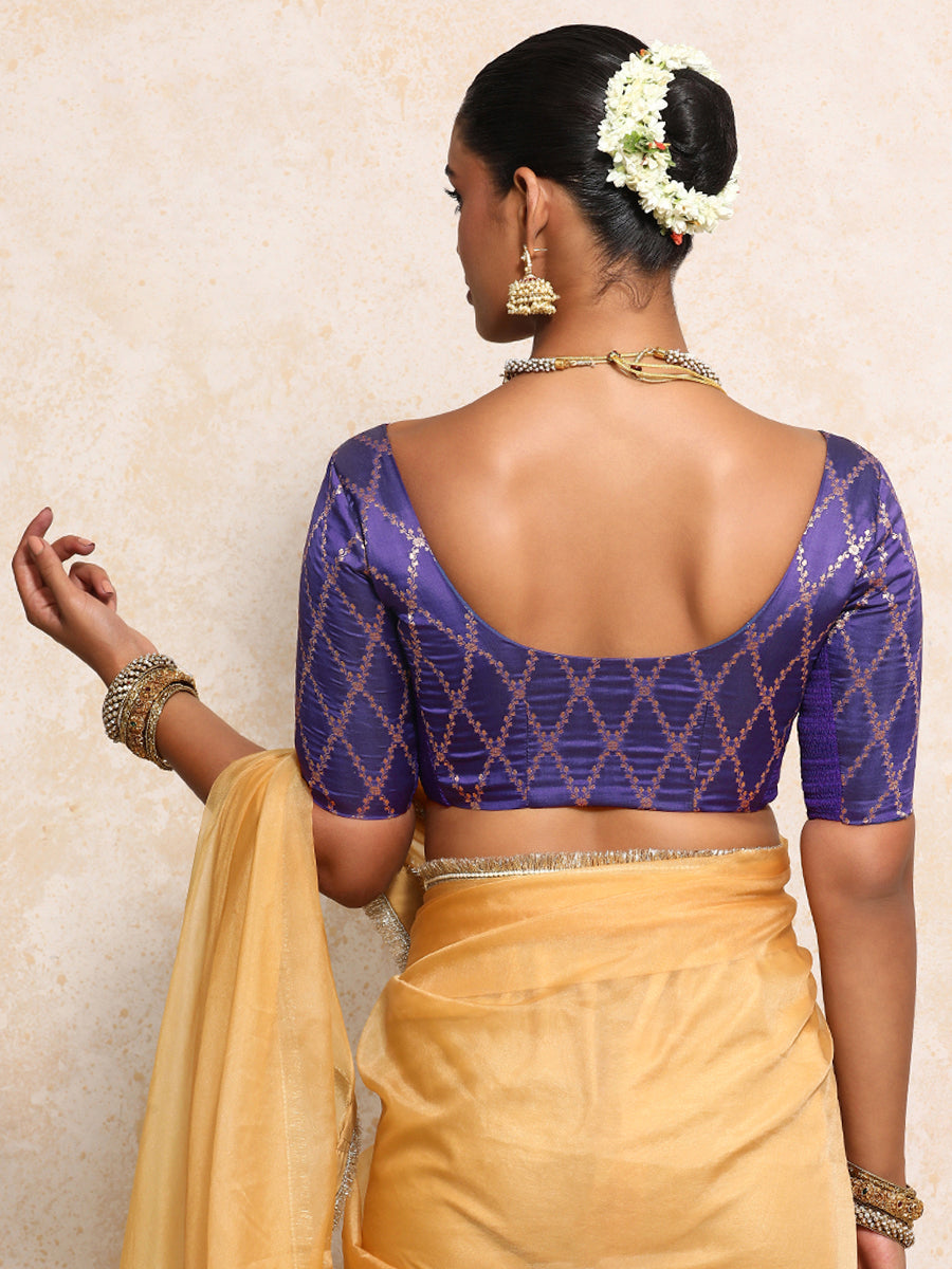 Kumkum x Tyohaar Saree Blouse, in Purple Viscose Silk Brocade, featuring elbow sleeves and round neckline (view 2).
