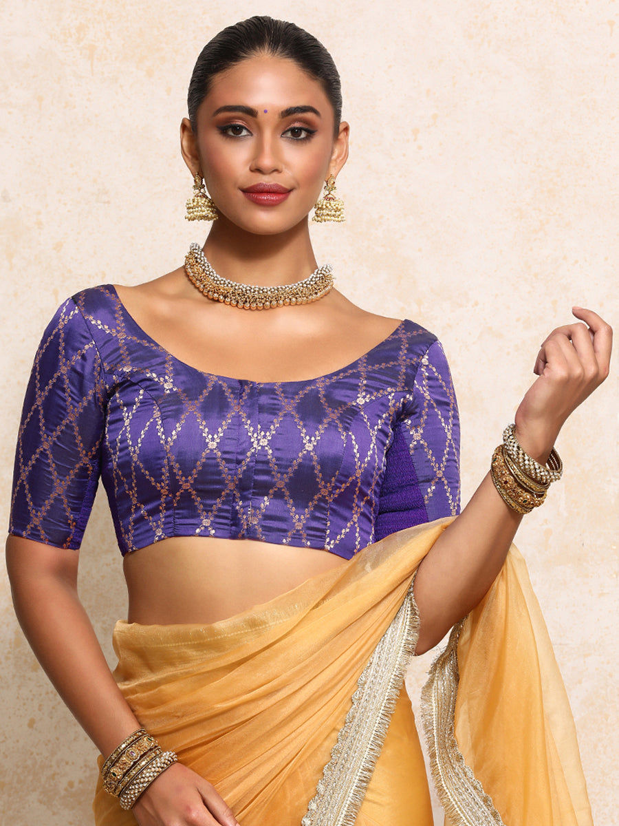 Kumkum x Tyohaar Saree Blouse, in Purple Viscose Silk Brocade, featuring elbow sleeves and round neckline (view 5).