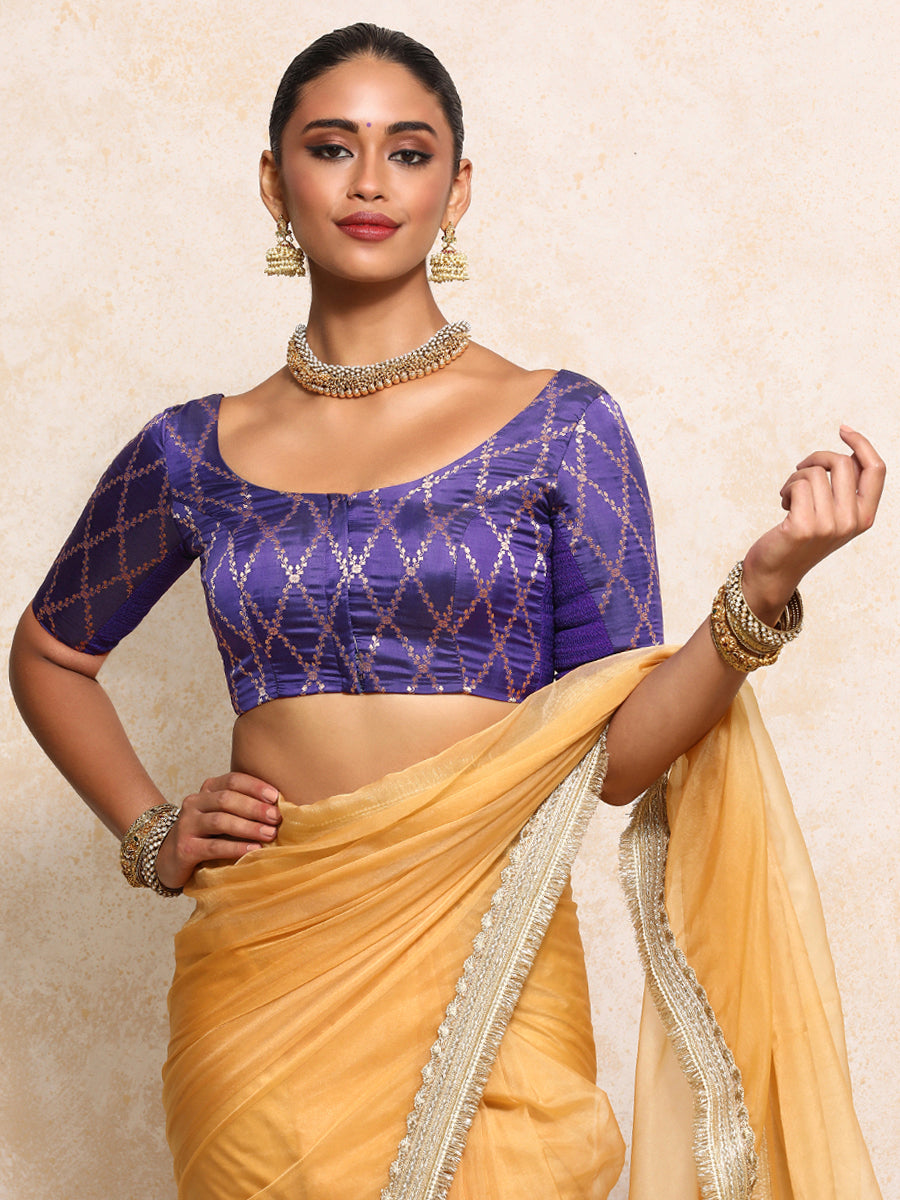 Kumkum x Tyohaar Saree Blouse, in Purple Viscose Silk Brocade, featuring elbow sleeves and round neckline (view 7).