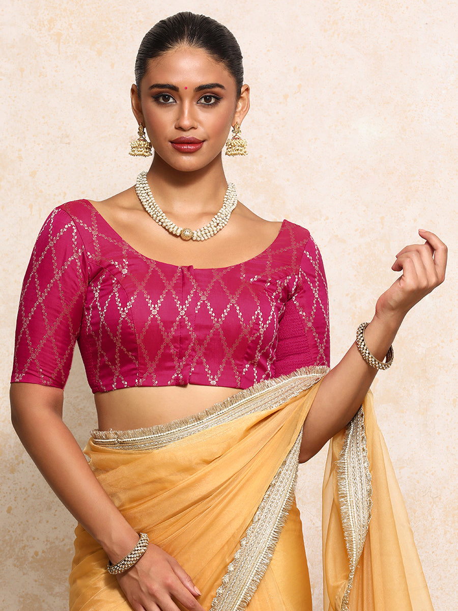 Kumkum x Tyohaar Saree Blouse, in Pink Viscose Silk Brocade, featuring elbow sleeves and round neckline (view 5).