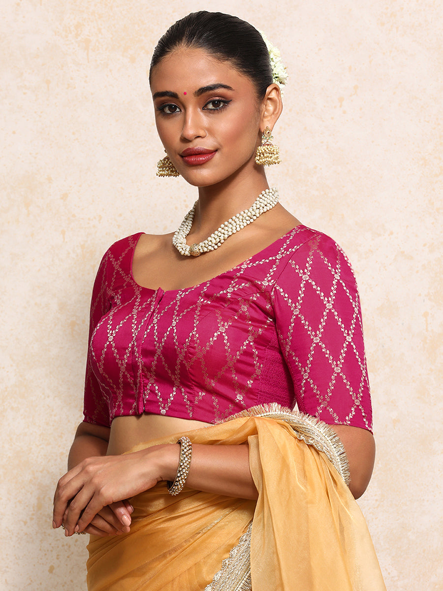 Kumkum x Tyohaar Saree Blouse, in Pink Viscose Silk Brocade, featuring elbow sleeves and round neckline (view 6).