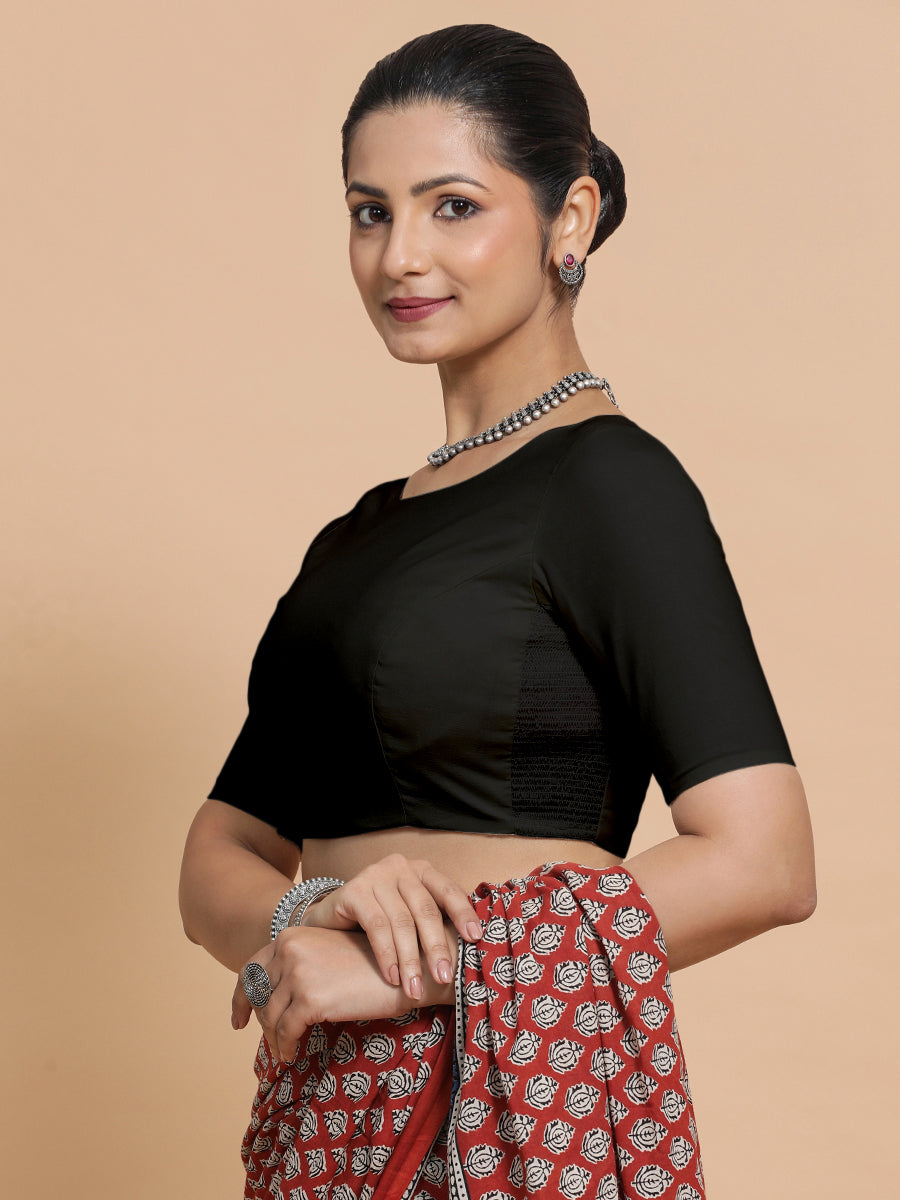 Kumud x Rozaana Saree Blouse, in Black Cotton, featuring elbow sleeves and boat neckline, made for daily & work (view 6).