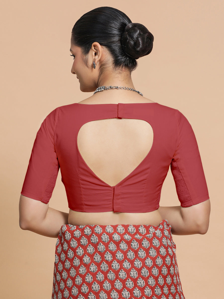 Kumud x Rozaana Saree Blouse, in Red 100% Cotton - Solid, featuring elbow sleeves and boat neckline, made for daily & work.