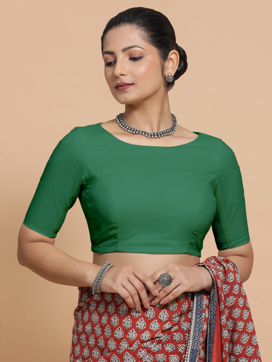 Kumud x Rozaana Saree Blouse, in Green 100% Cotton - Solid, featuring elbow sleeves and boat neckline, made for daily & work.