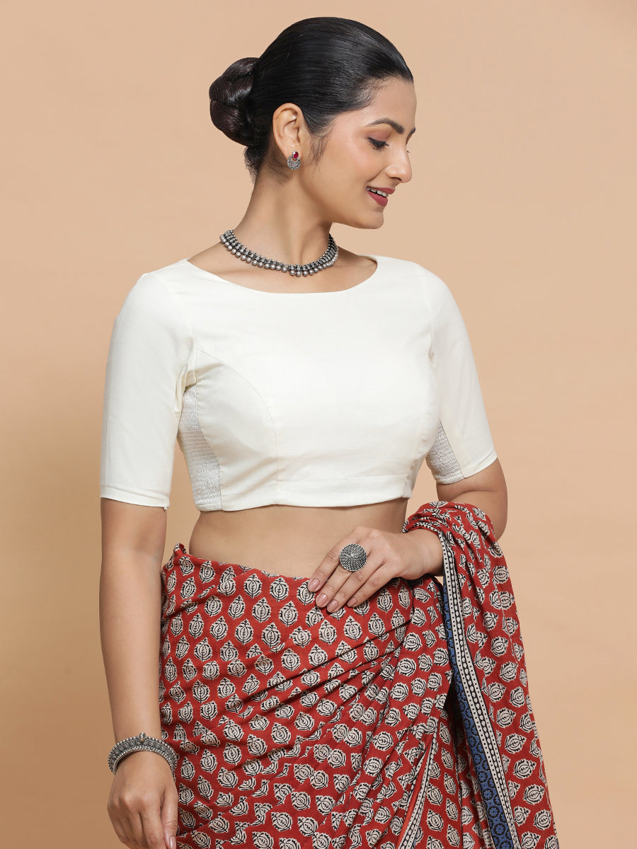 Kumud x Rozaana Saree Blouse, in Cream Cotton, featuring elbow sleeves and boat neckline, made for daily & work (view 7).