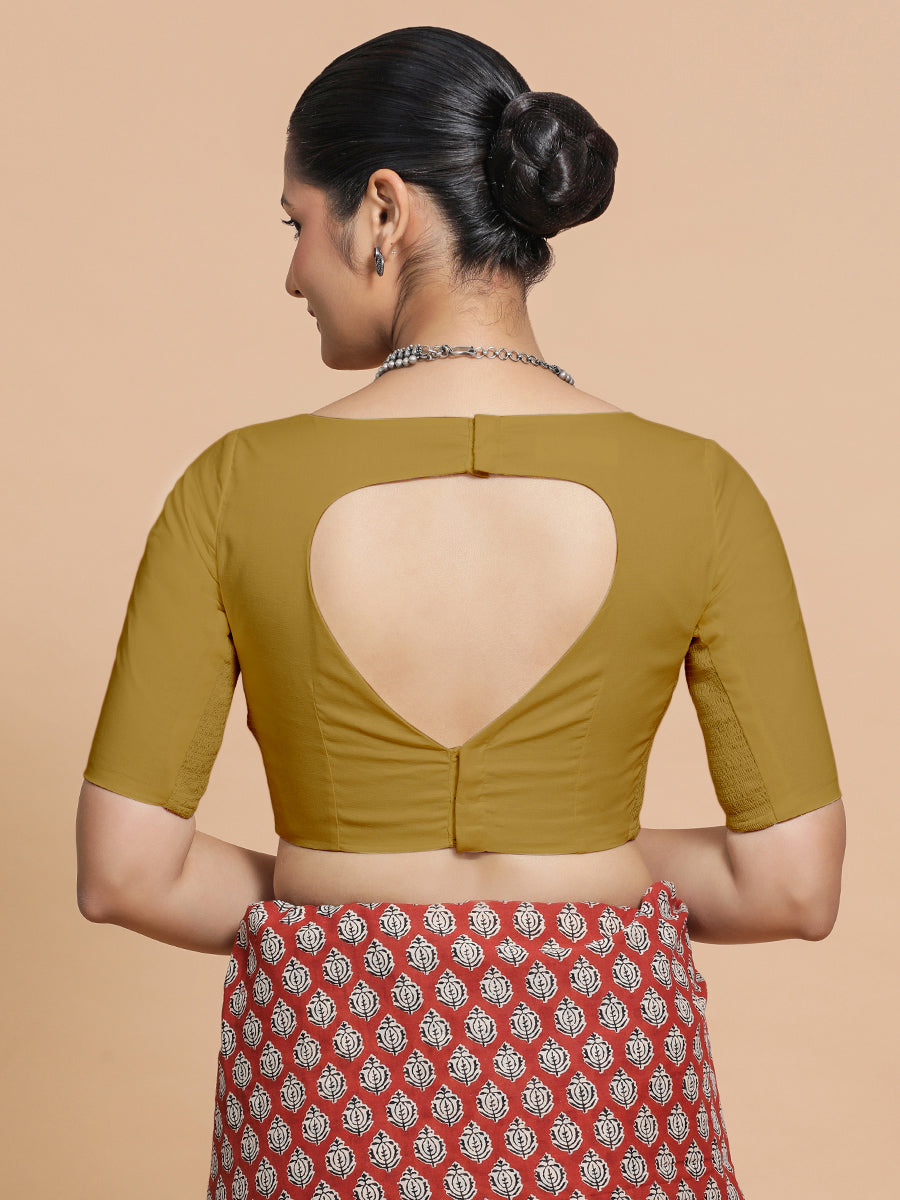 Kumud x Rozaana Saree Blouse, in Yellow Cotton, featuring elbow sleeves and boat neckline, made for daily & work (view 2).