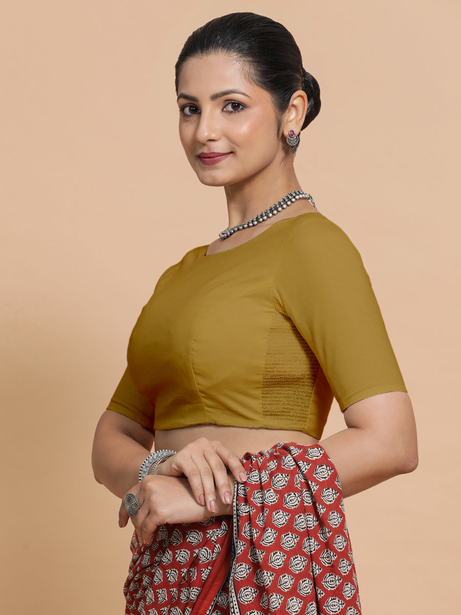 Kumud x Rozaana Saree Blouse, in Yellow Cotton, featuring elbow sleeves and boat neckline, made for daily & work (view 6).