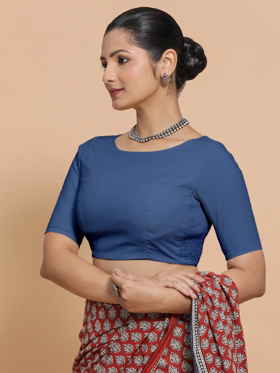 Kumud x Rozaana Saree Blouse, in Blue 100% Cotton - Solid, featuring elbow sleeves and boat neckline, made for daily & work.