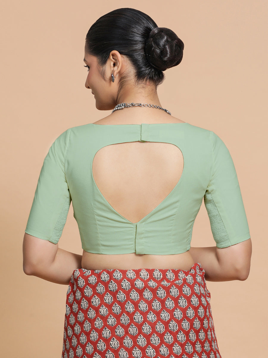 Kumud x Rozaana Saree Blouse, in Green Cotton, featuring elbow sleeves and boat neckline, made for daily & work (view 2).