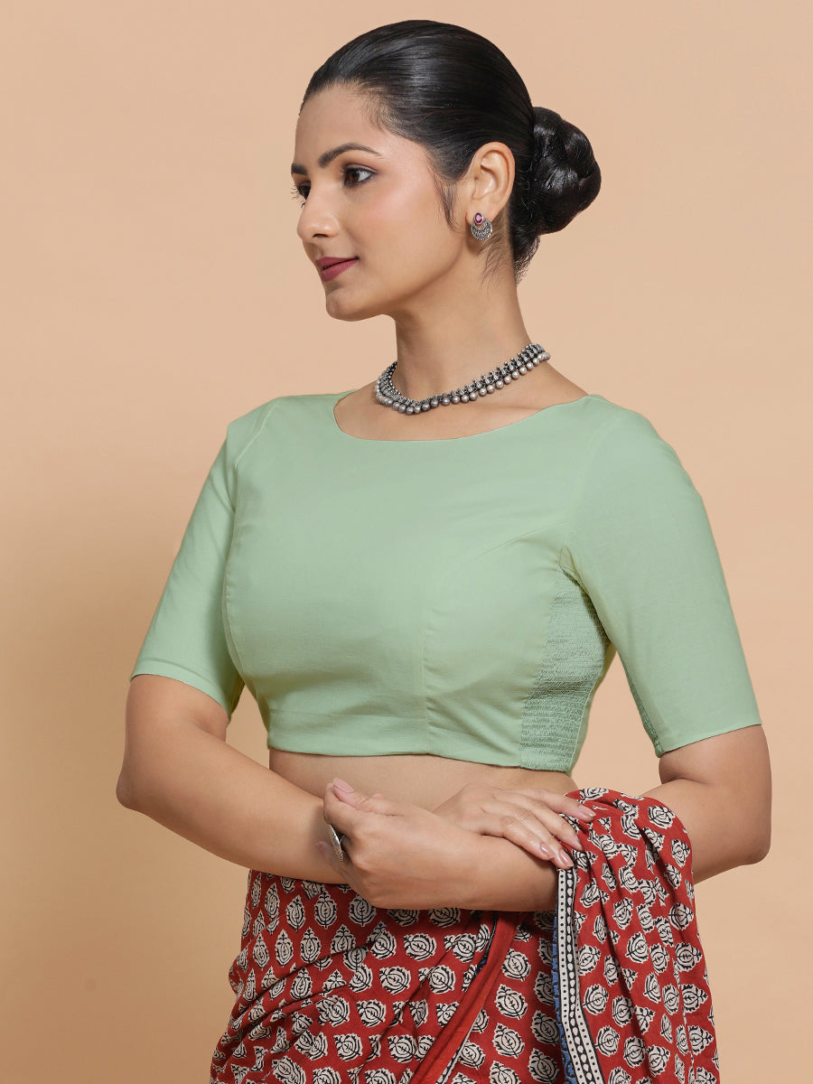 Kumud x Rozaana Saree Blouse, in Green Cotton, featuring elbow sleeves and boat neckline, made for daily & work (view 6).