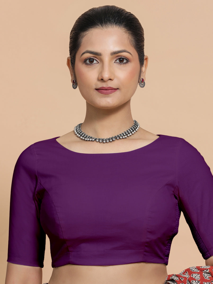 Kumud x Rozaana Saree Blouse, in Purple Cotton, featuring elbow sleeves and boat neckline, made for daily & work (view 5).