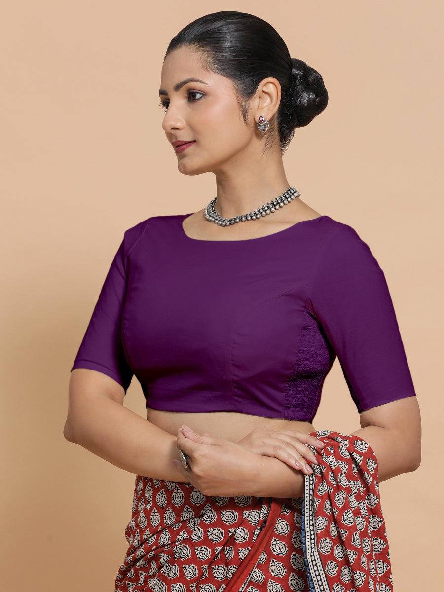 Kumud x Rozaana Saree Blouse, in Purple Cotton, featuring elbow sleeves and boat neckline, made for daily & work (view 6).