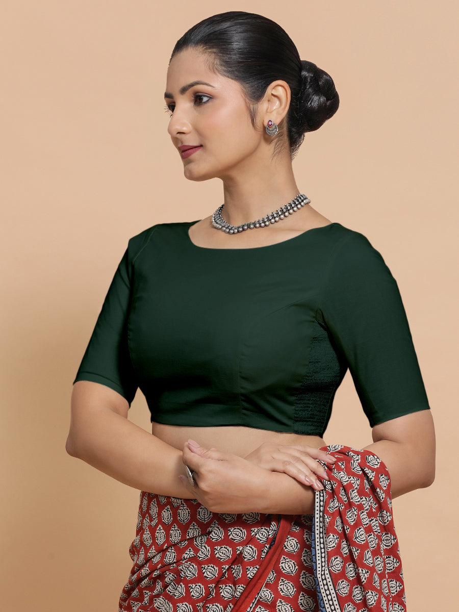 Kumud x Rozaana Saree Blouse, in Green Cotton, featuring elbow sleeves and boat neckline, made for daily & work (view 6).