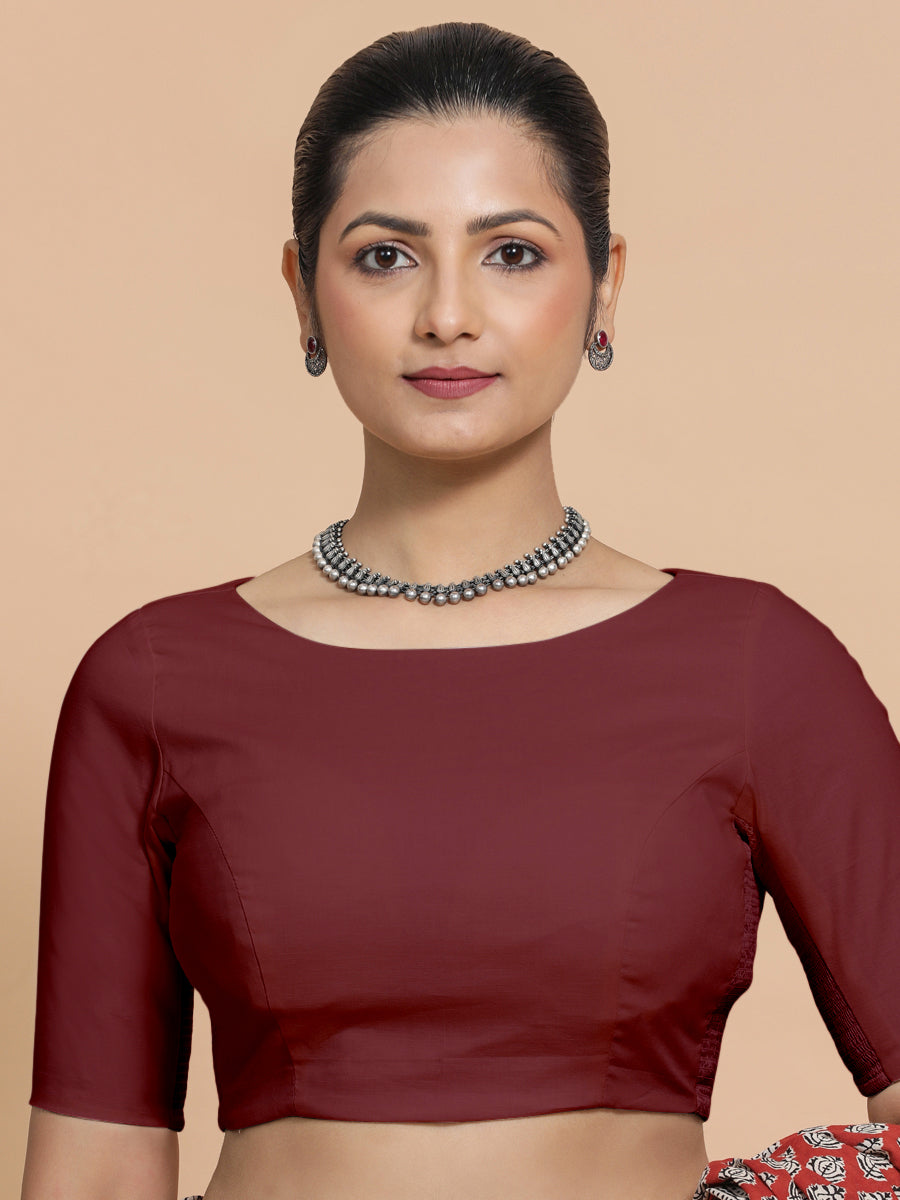 Kumud x Rozaana Saree Blouse, in Maroon Cotton, featuring elbow sleeves and boat neckline, made for daily & work (view 5).